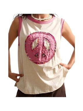 BOHO 100% Cotton Sleeveless Tank Top Beige Color Size XL